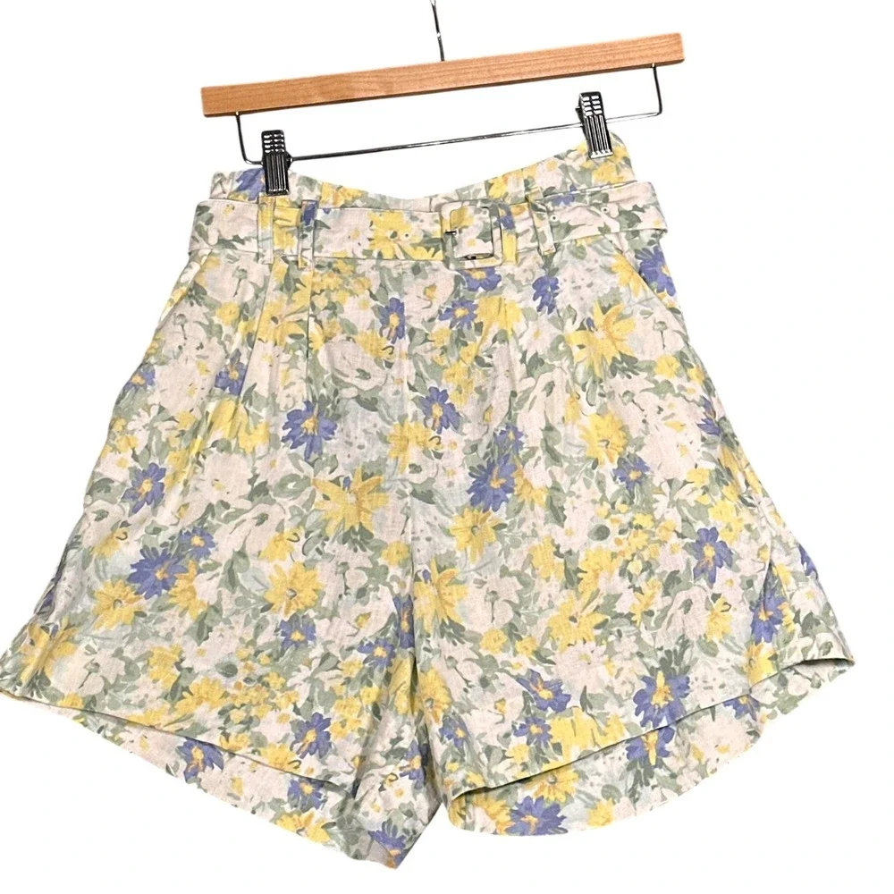 Abercrombie & Fitch Belted Floral High Rise Linen Blend Shorts Womens Med Yellow